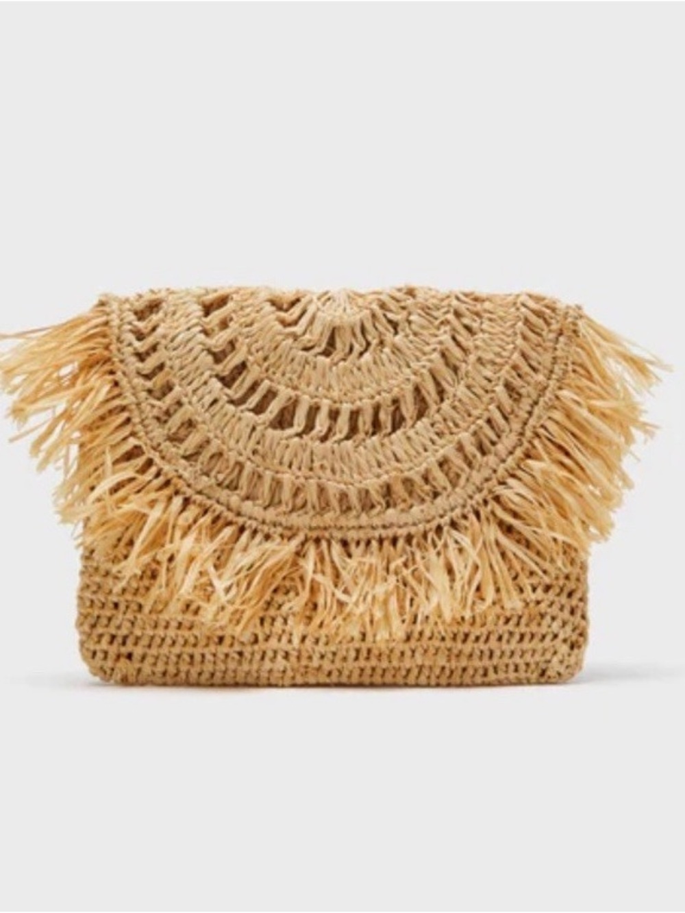 Woven Fringe Straw Clutch - Beige